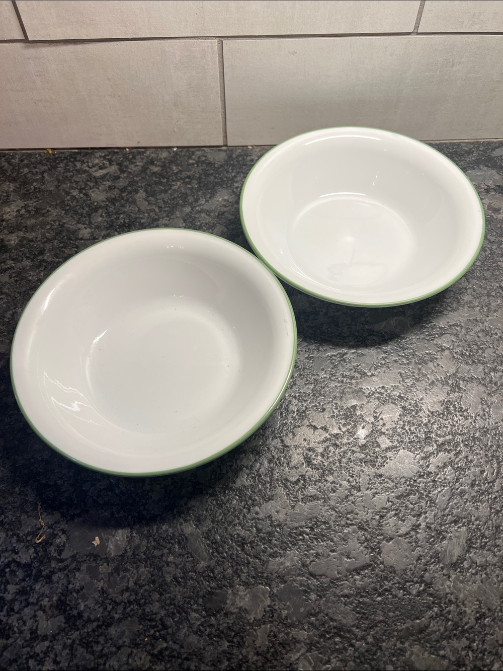 2 Corelle Soup Bowls. White Ceramic Serving Bowls with Green Rim